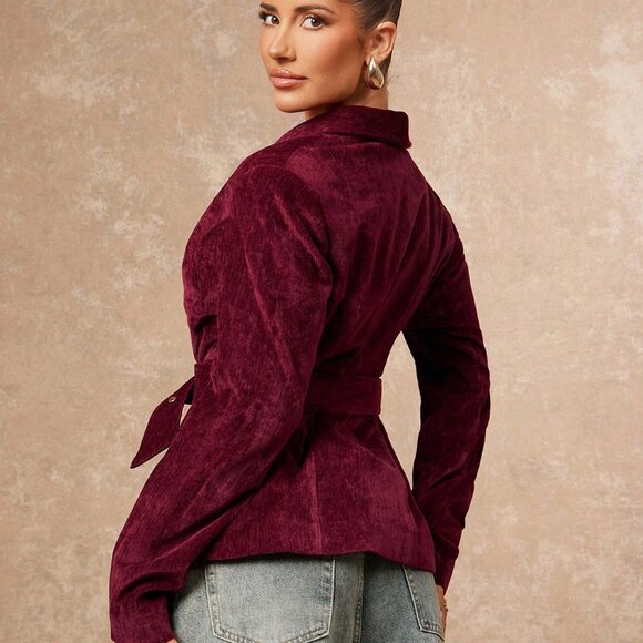 Burgundy Elegant Women's V-Neck Corduroy semi oversized belted Blazer - Picture 2 of 7